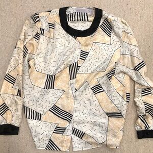 Vintage Geometric Patterned Blouse - Black and Cream